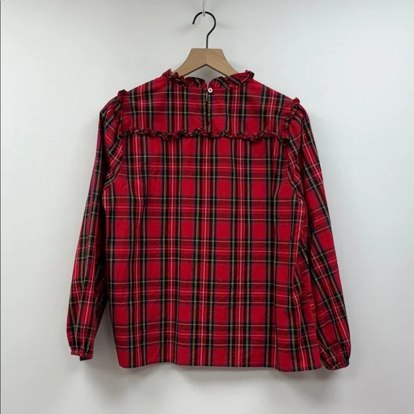 J. Crew Tartan Plaid Ruffle Popover Poplin Blouse Preppy Holiday Red Medium - Picture 7 of 11